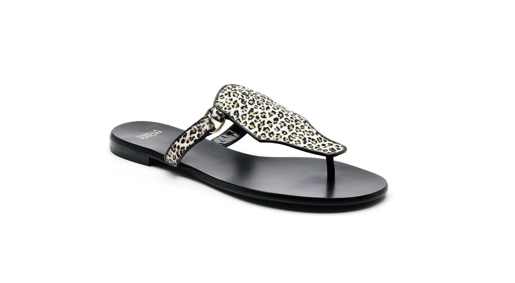 Side view of Ilka Mini Sandal – military green base with leopard-print haircalf upper by Isabella Kron