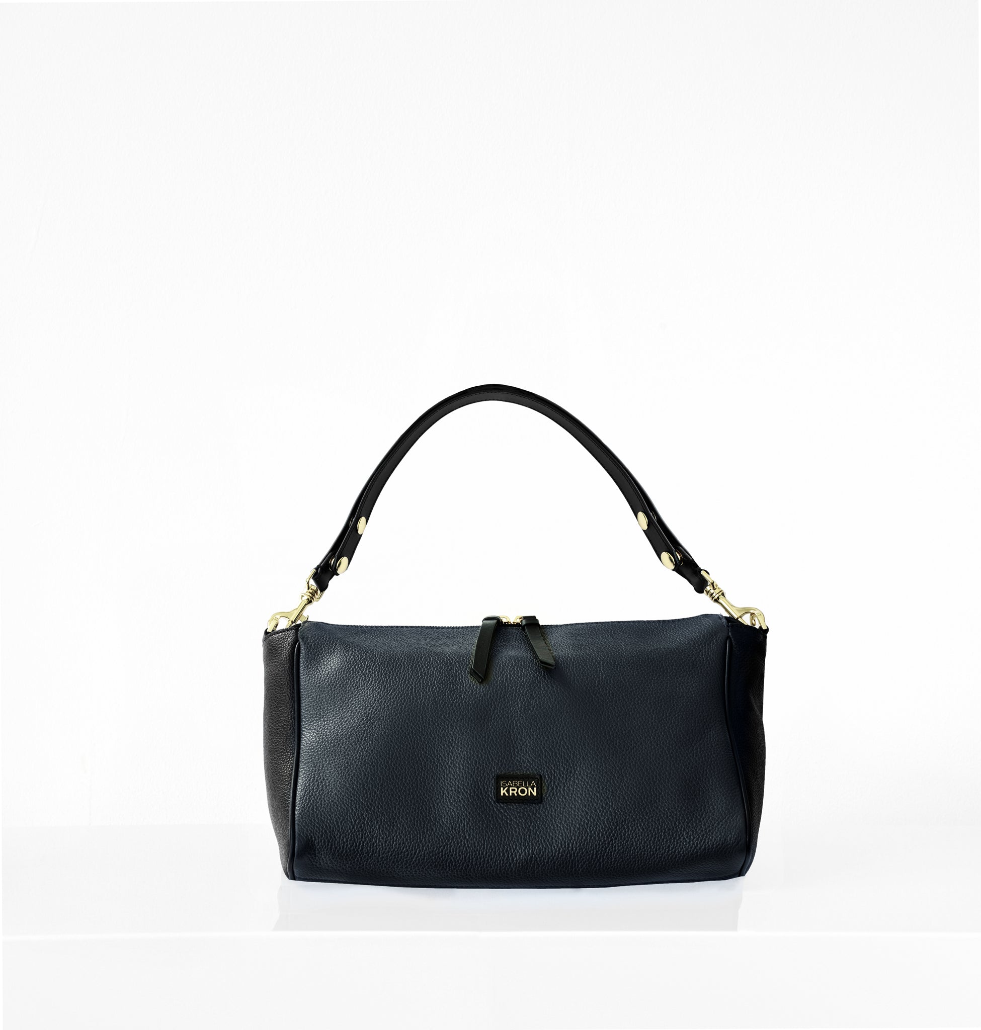 Front view of Isabella Kron Isotta Convertible in blue leather, structured top handle bag with clean lines and polished minimal hardware