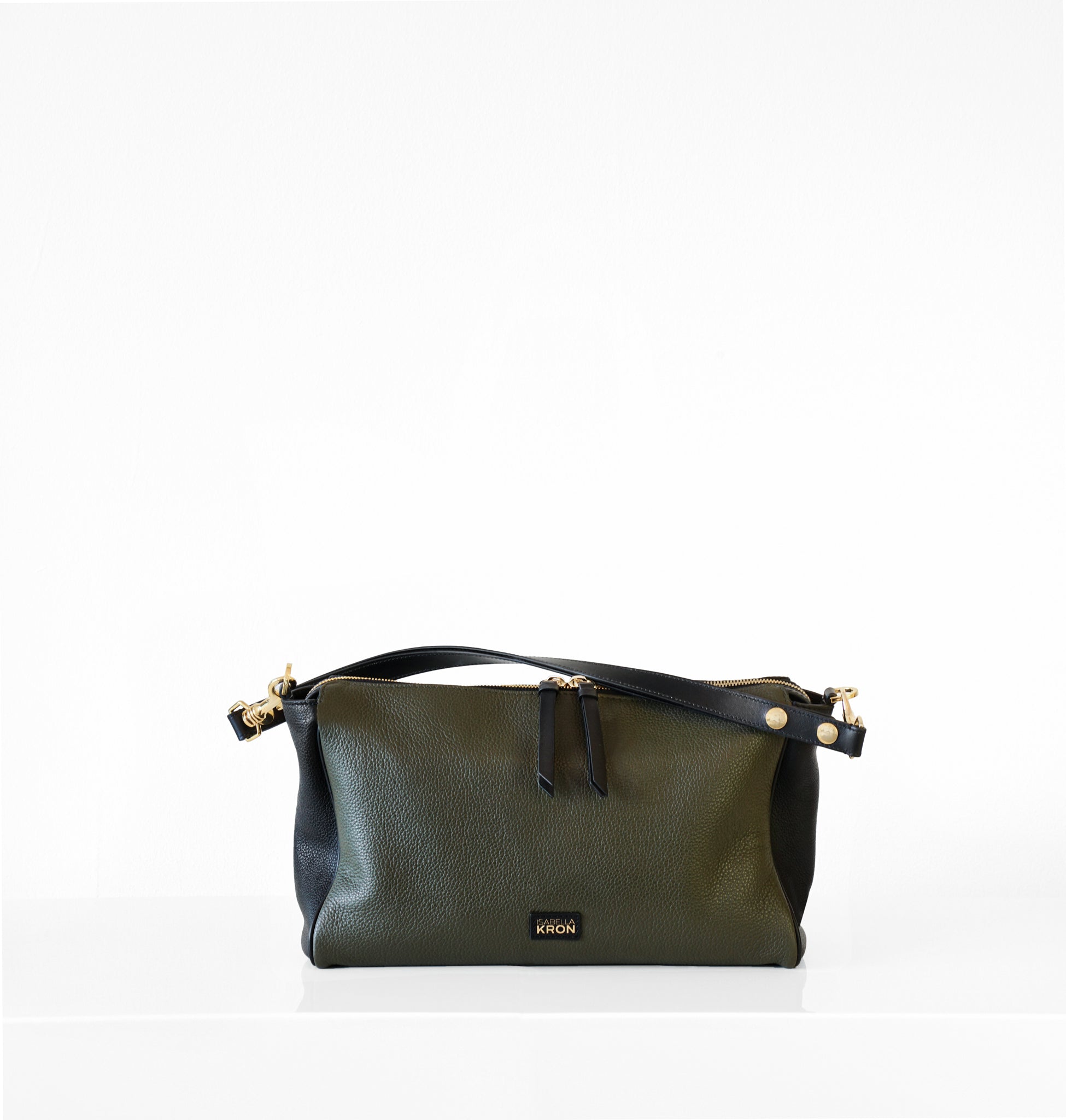  Isabella Kron Isotta Convertible in military green, showing slim profile, detachable crossbody strap, and smooth leather finish