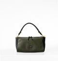 Front view of Isabella Kron Isotta Convertible in military green leather, structured top-handle bag with clean design and polished minimal hardware