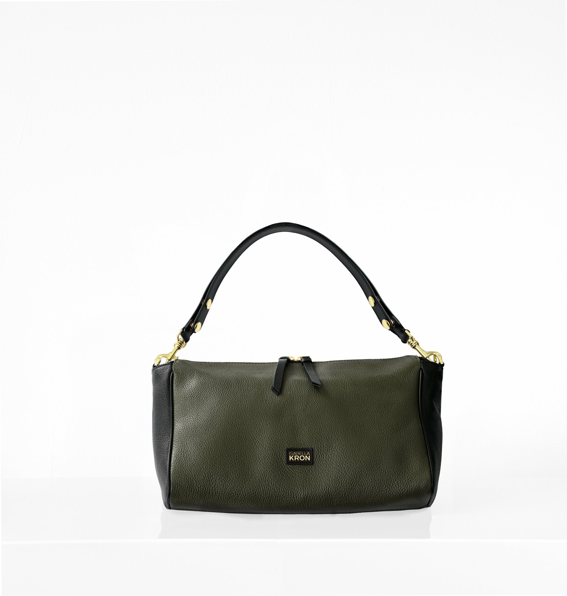 Front view of Isabella Kron Isotta Convertible in military green leather, structured top-handle bag with clean design and polished minimal hardware