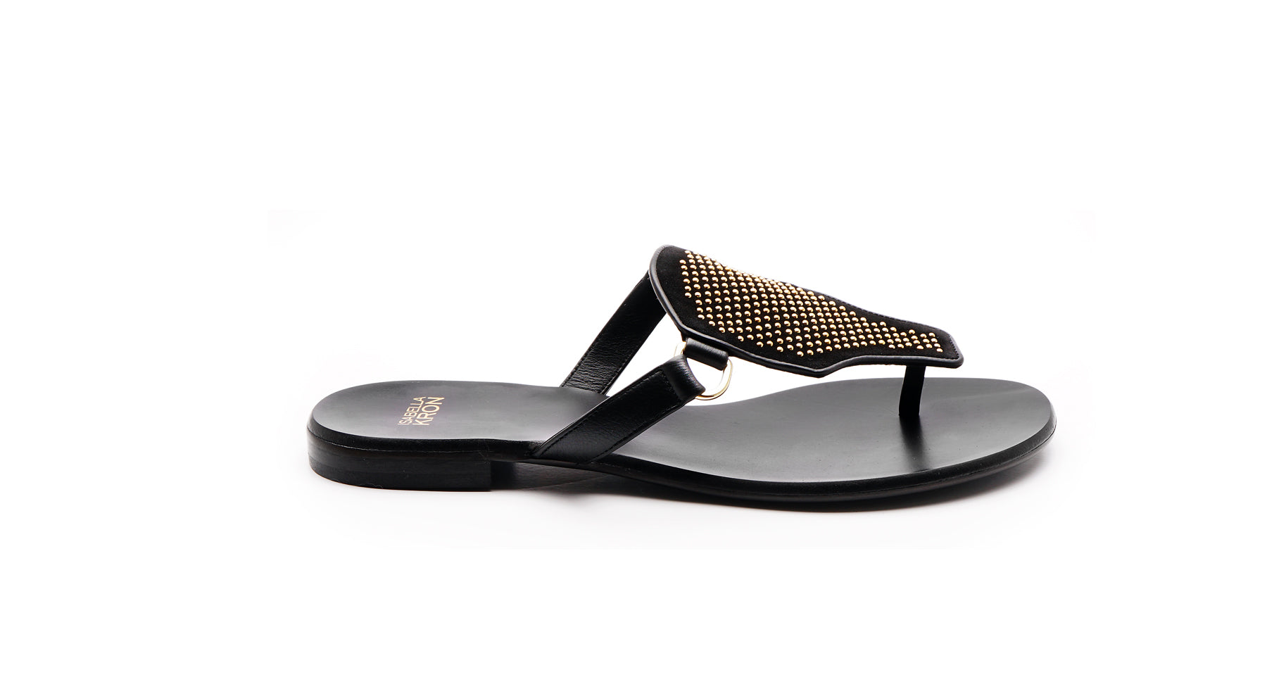 Ivy Sandal with gold studs – front view of luxury flat sandal for women by Isabella Kron