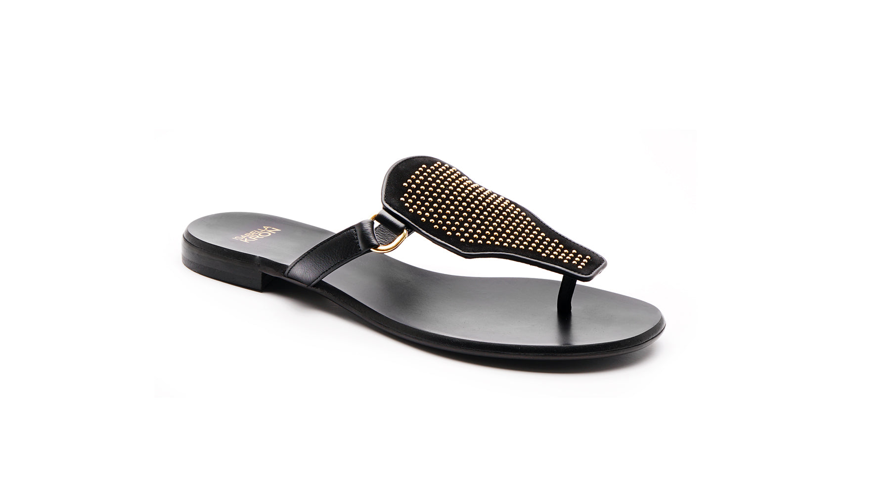 Side view of Ivy Sandal – black leather sandal with gold stud accents and refined silhouette