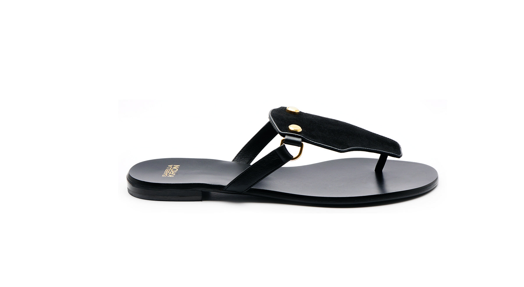  Izzy Sandal in black suede – minimalist high heel styled for modern women