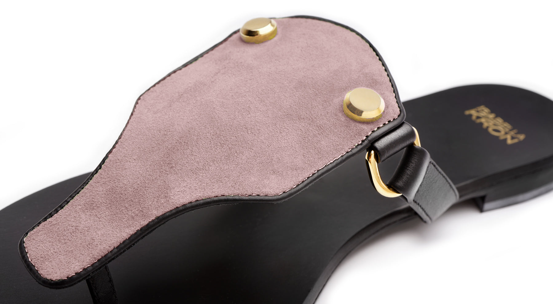 Close-up of blush suede texture and strap detail – Izzy Sandal by Isabella Kron