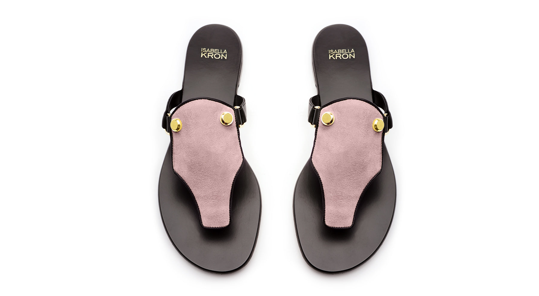 Overhead view of Izzy Sandal in blush suede – slim silhouette with refined heel