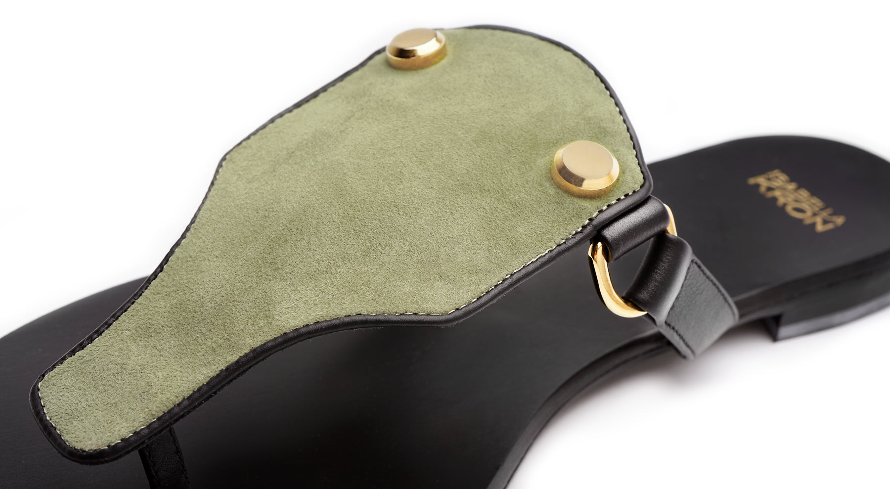 Close-up of suede texture and strap detail – Izzy Sandal in military green by Isabella Kron