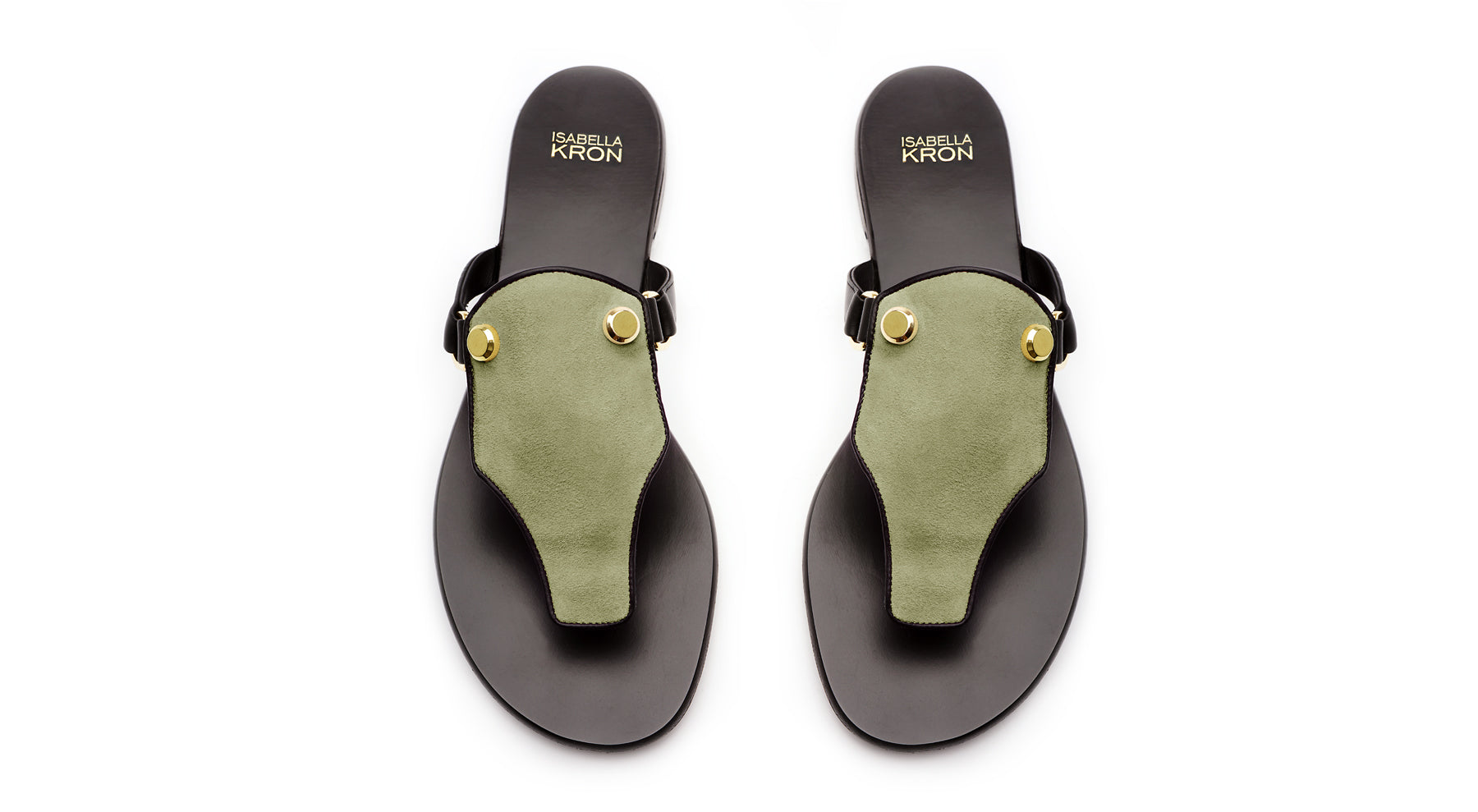 Izzy Sandal in military green suede – overhead view with open toe and slim straps