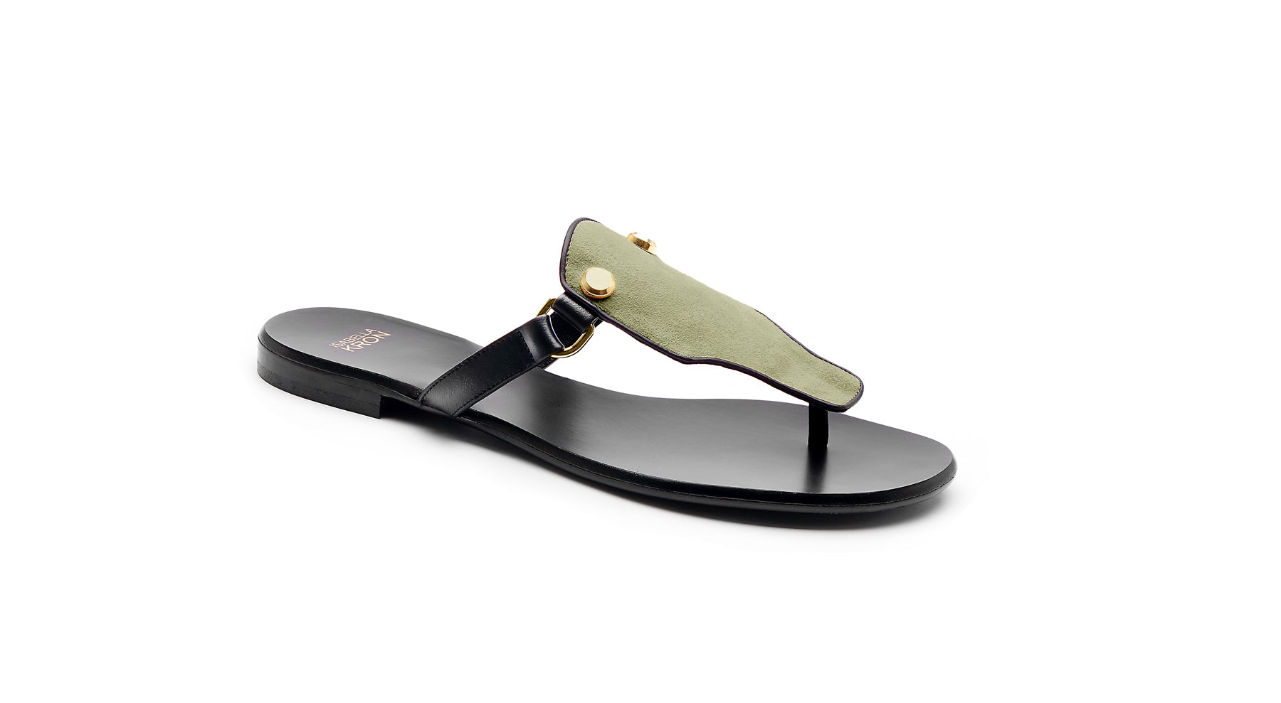 Side view of Izzy Sandal in military green suede – elegant and minimalist heel design