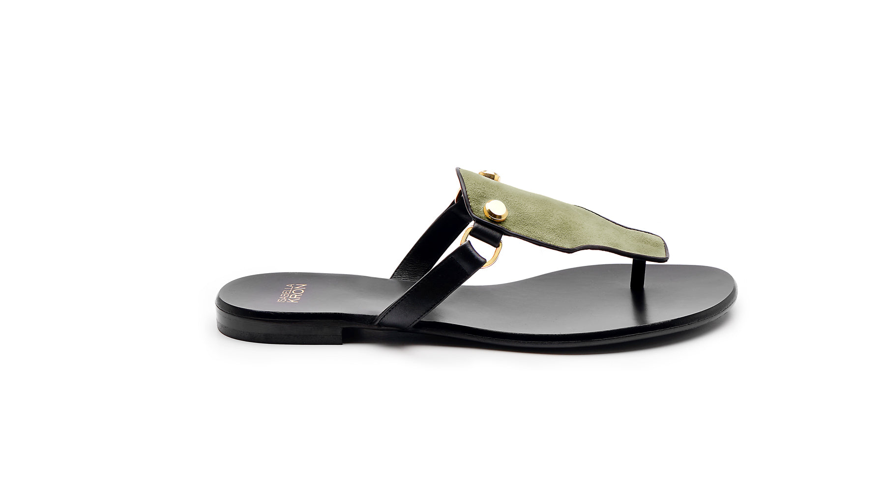 Side profile of Izzy Sandal in military green suede – elegant and minimalist heel design