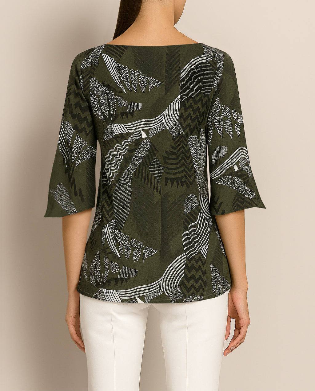 Back view of Janis Top in patterned green – lightweight, relaxed fit