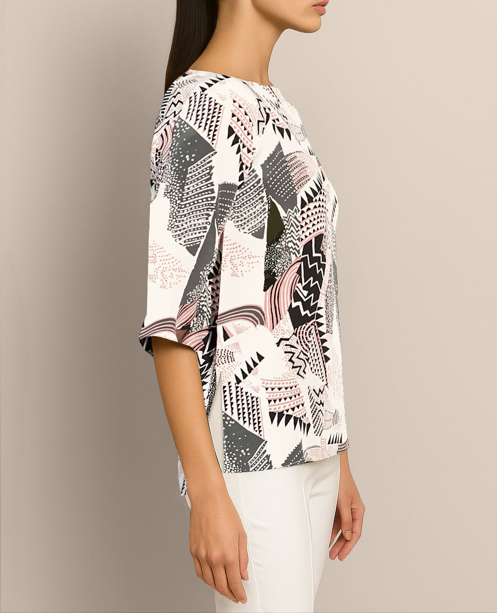Side view of Janis Top in pink pattern – relaxed fit and elegant detail