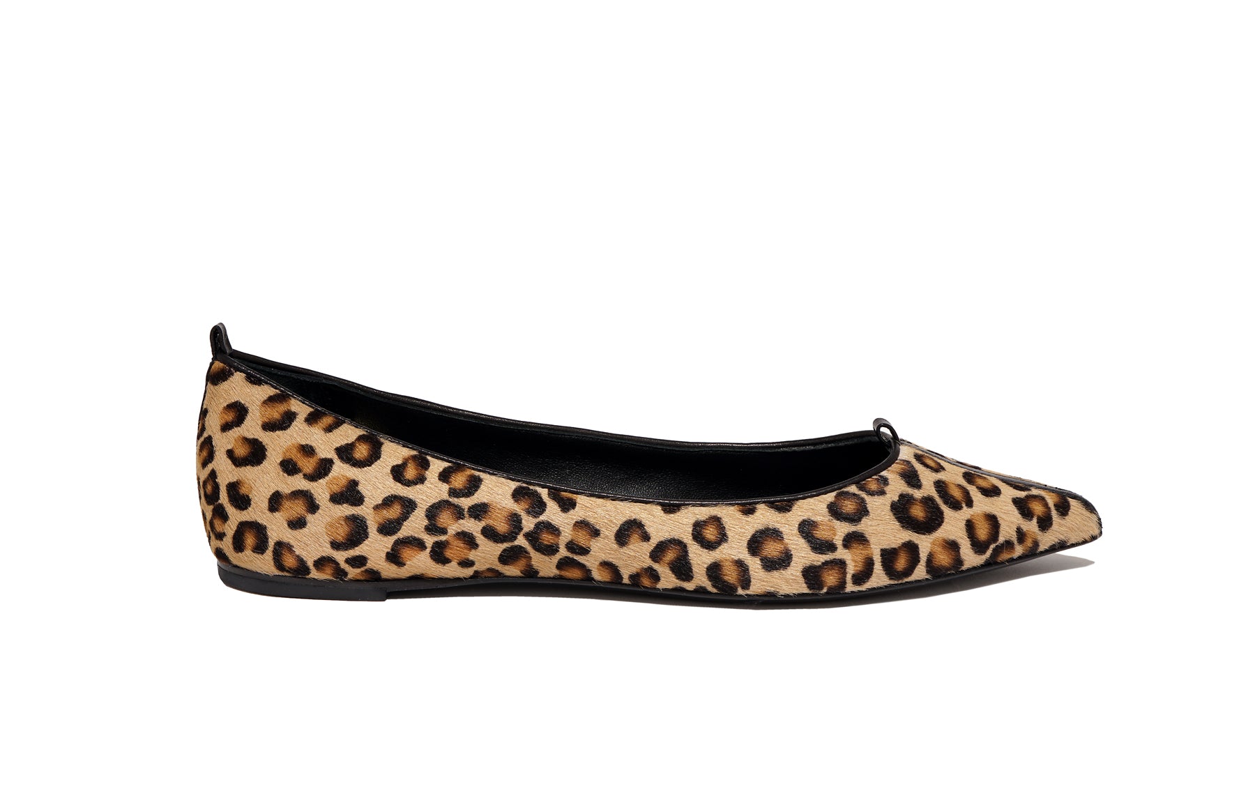 Side view of Isabella Kron Julie Flat Cavallino in Kamari pony hair, showcasing slim flat profile and natural hair-on-hide texture