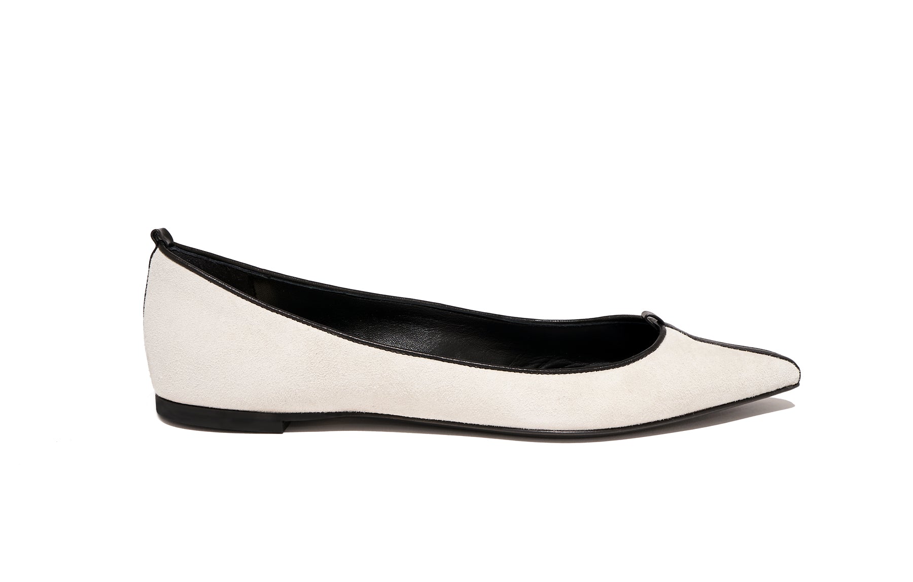 Side view of Isabella Kron Julie Flat Albatros in off‑white suede, showcasing slim flat profile and elegant arch curve