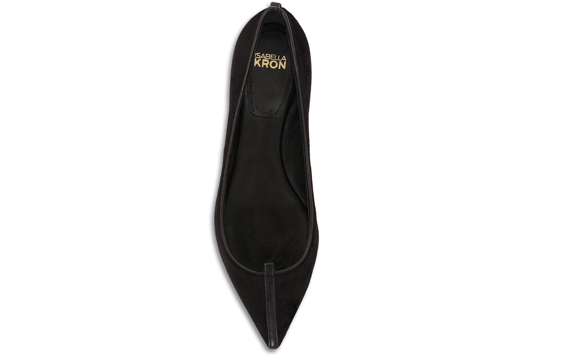 Close-up of black suede texture, stitched trim, and branded cushioned insole on Isabella Kron Julie Flat Asiago Nero