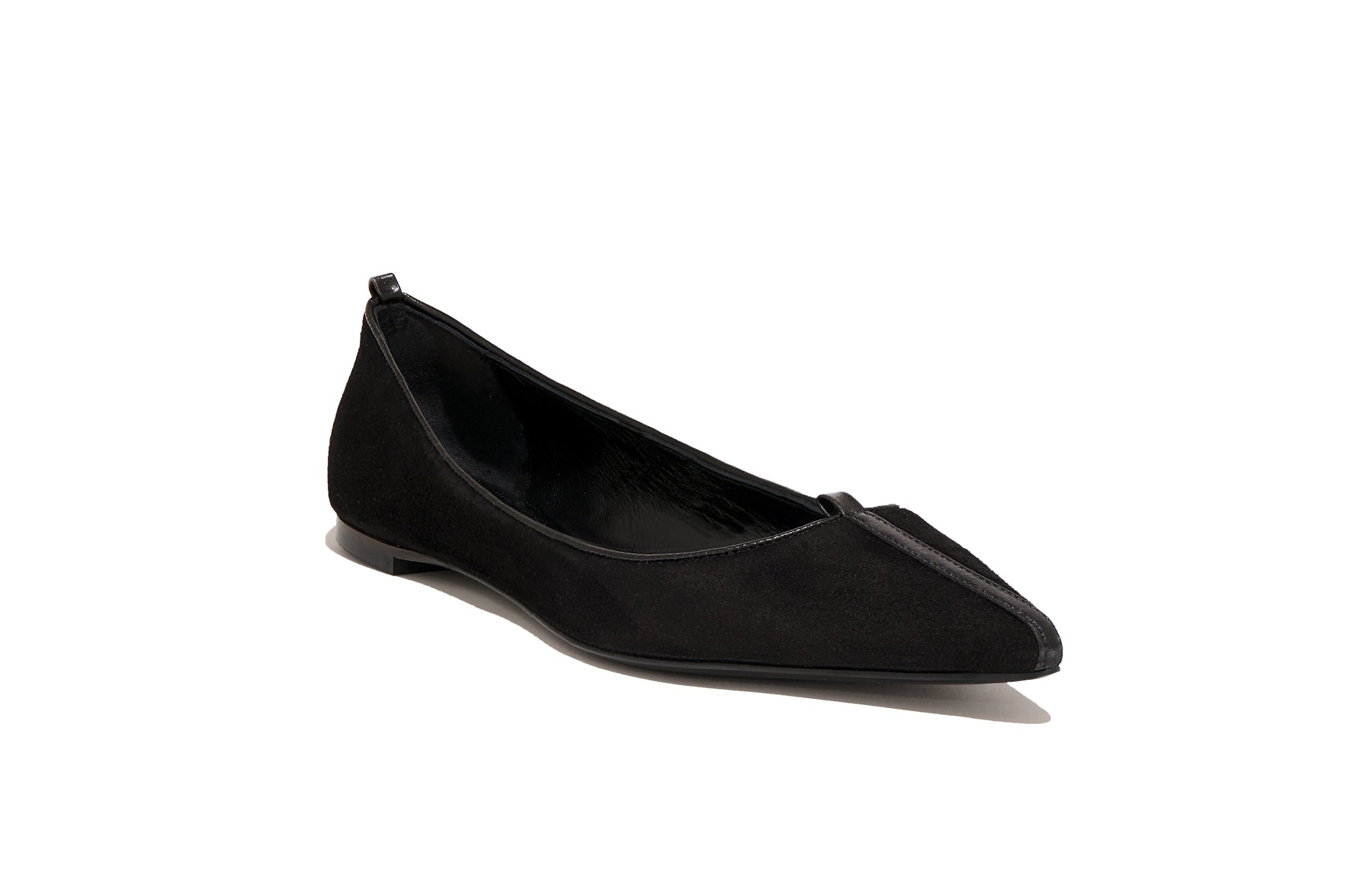 Front view of Isabella Kron Julie Flat in Asiago Nero black suede, classic ballet silhouette 