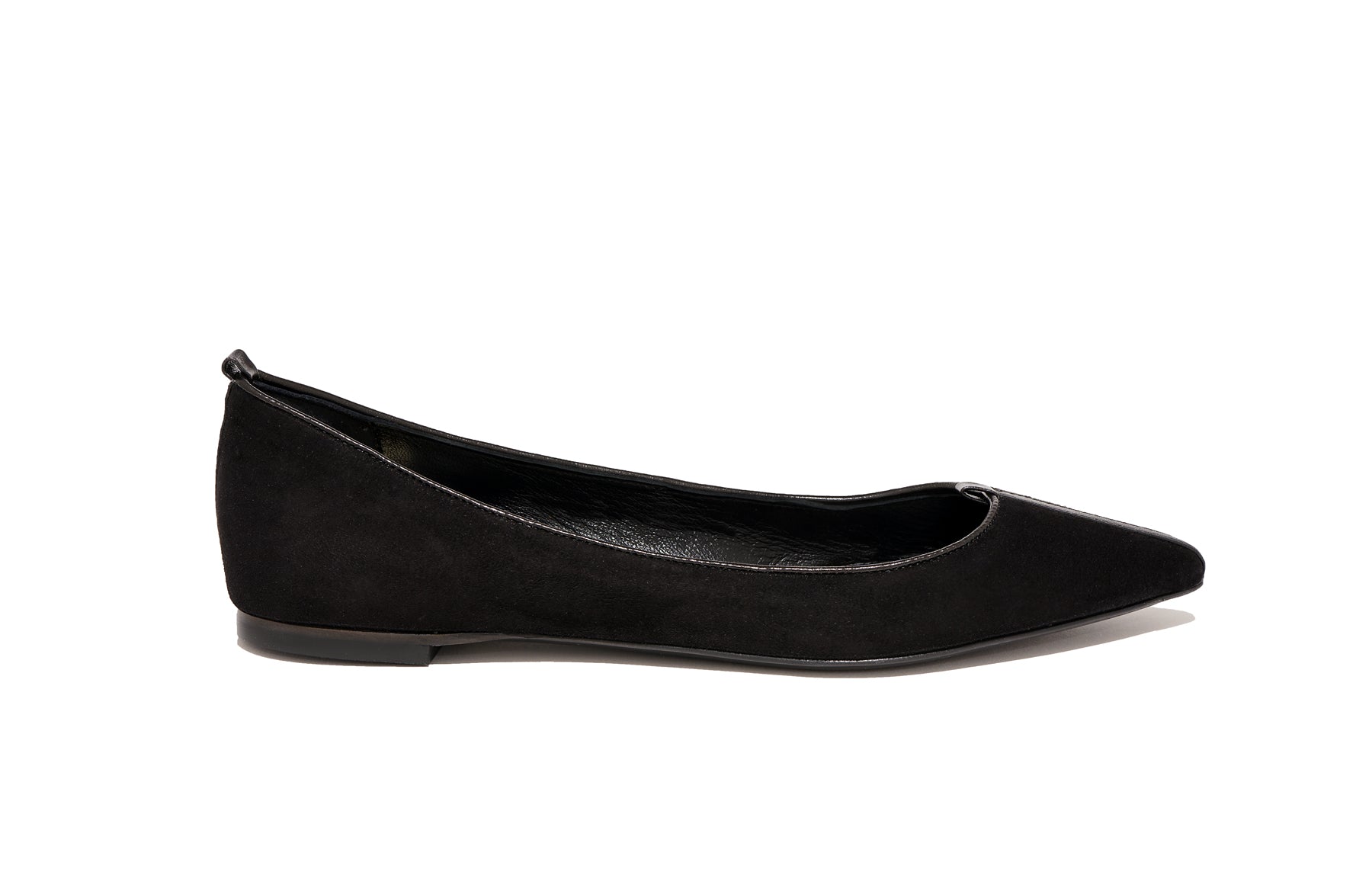Side view of Isabella Kron Julie Flat in Asiago Nero black suede, showcasing slim flat profile and cushioned sole detail