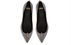 Close-up of crepuscolo gray suede grain, stitched trim, and branded cushioned insole detailing on Isabella Kron Julie Flat