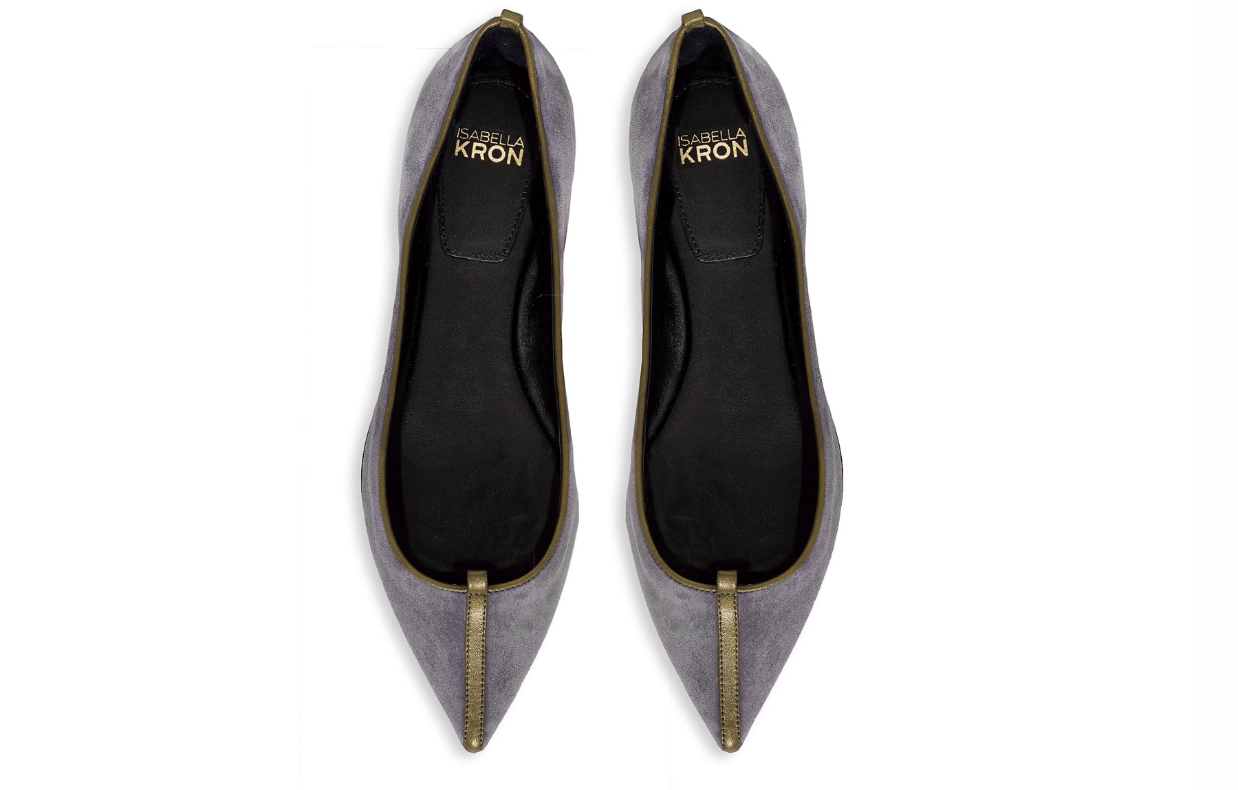 Close-up of crepuscolo gray suede grain, stitched trim, and branded cushioned insole detailing on Isabella Kron Julie Flat