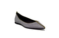 Front view of Isabella Kron Julie Flat in crepuscolo gray suede, classic ballet silhouette 