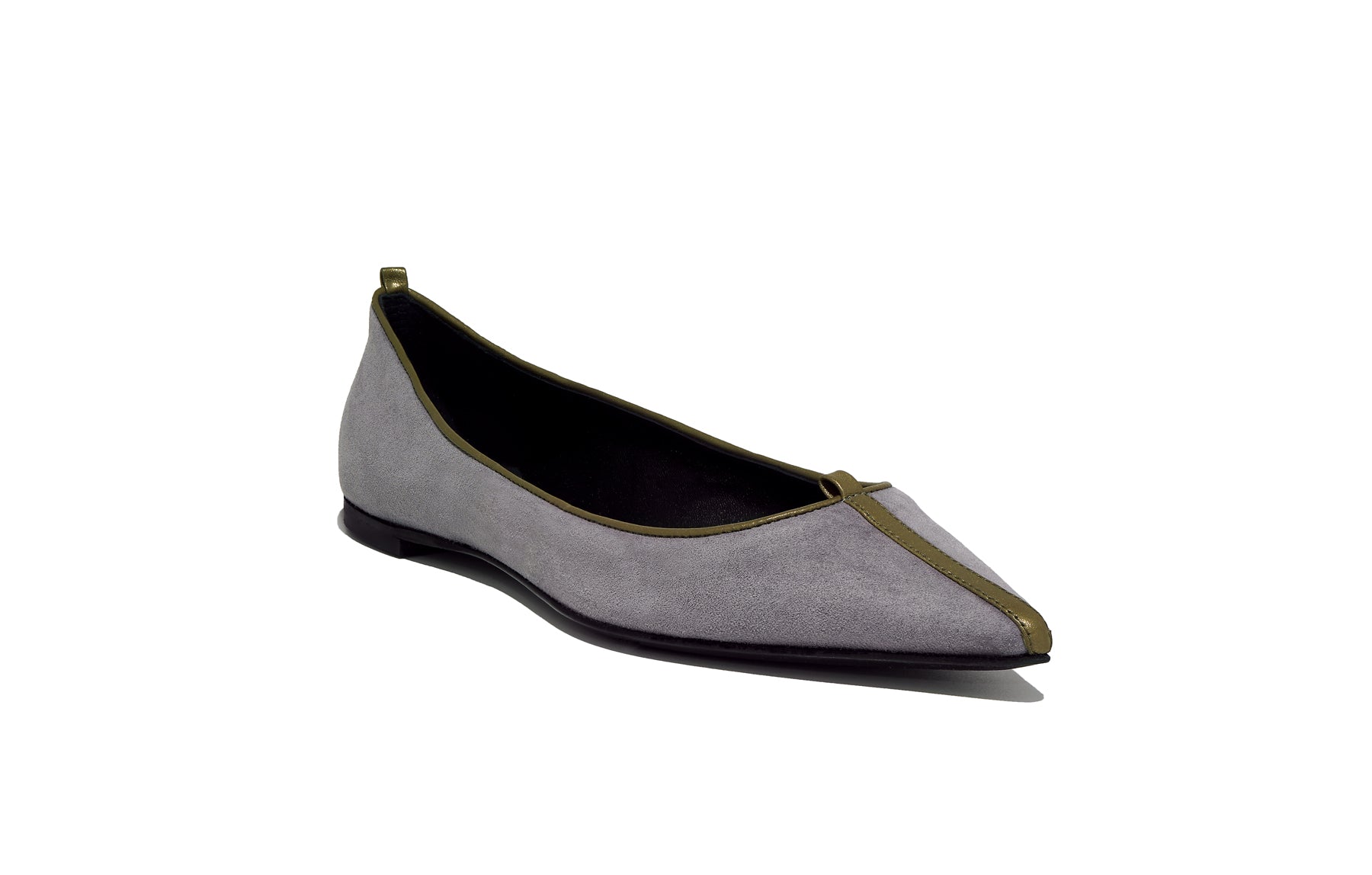 Front view of Isabella Kron Julie Flat in crepuscolo gray suede, classic ballet silhouette 