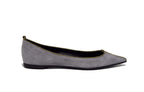 Side view of Isabella Kron Julie Flat in crepuscolo suede, showcasing slim profile, comfortable flat sole, and soft suede texture
