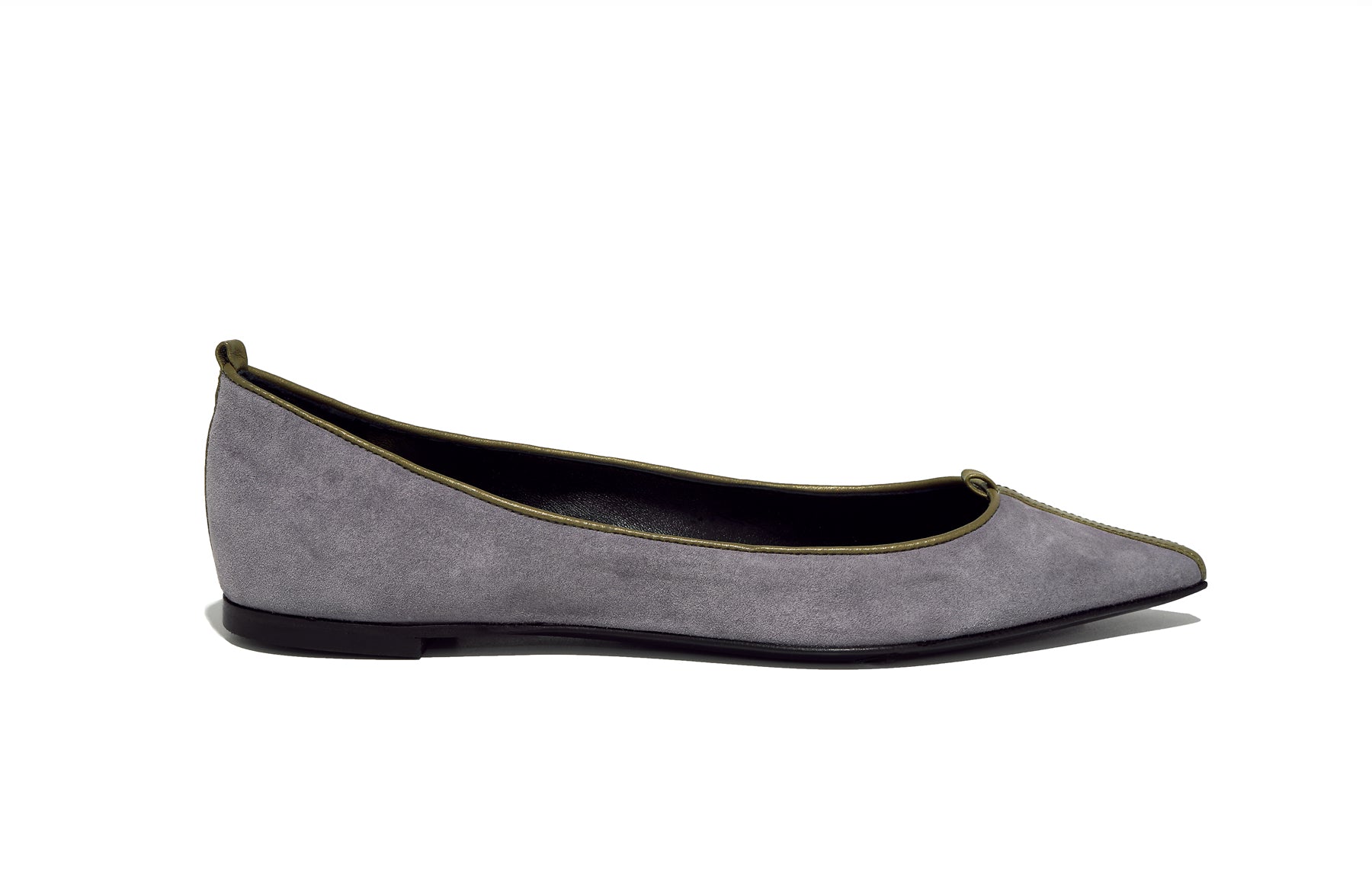 Side view of Isabella Kron Julie Flat in crepuscolo suede, showcasing slim profile, comfortable flat sole, and soft suede texture