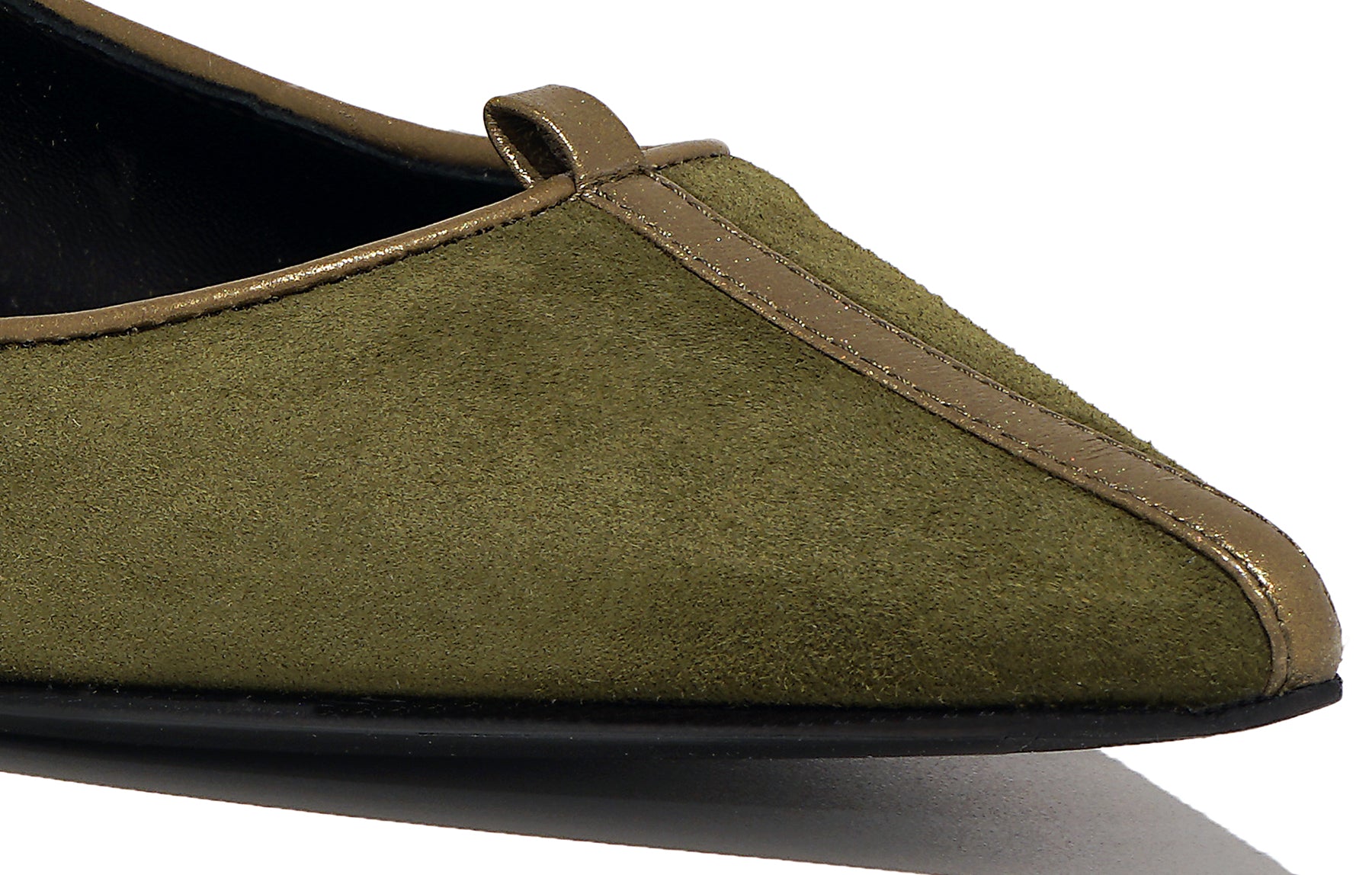 Angled view of Isabella Kron Julie Flat in palude green suede, showing toe, clean silhouette, and elegant flat design