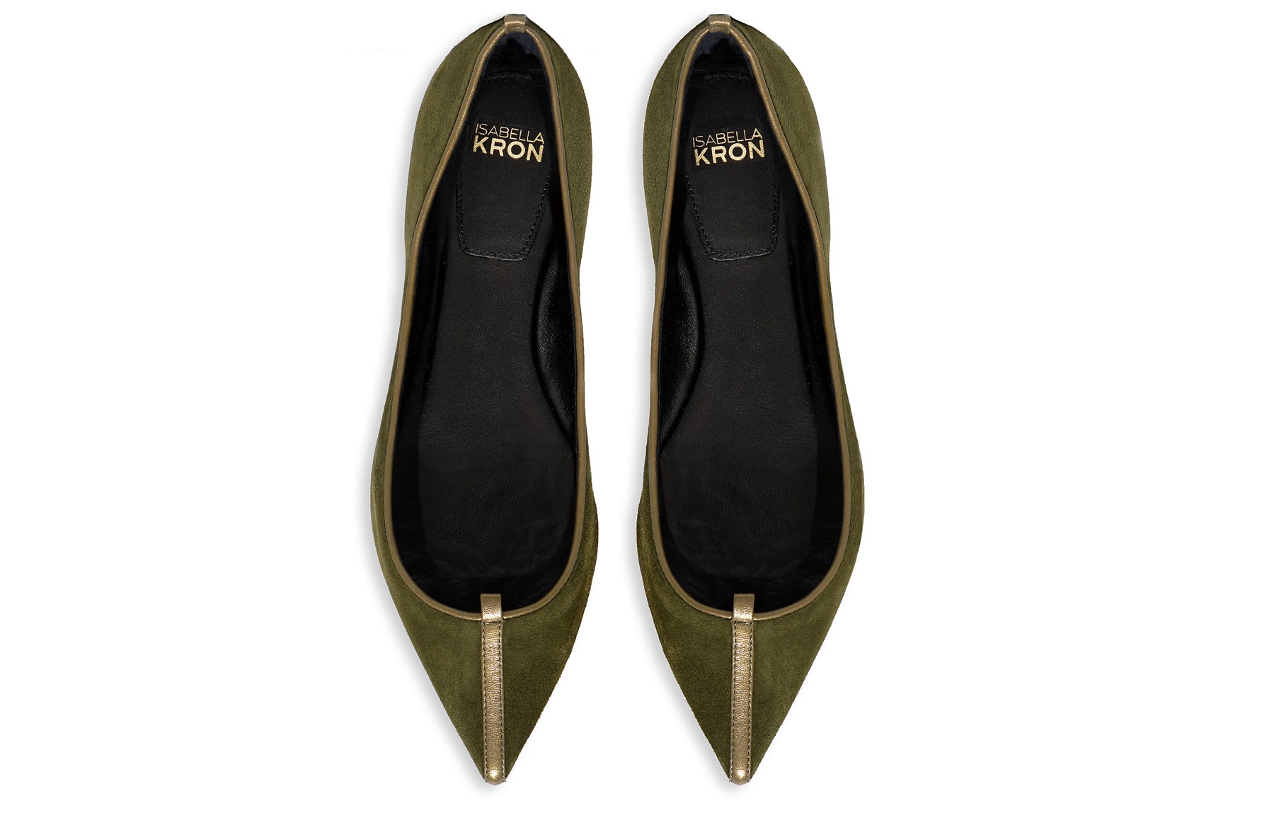 Close-up of palude suede texture, stitched trim, and branded cushioned insole on Isabella Kron Julie Flat