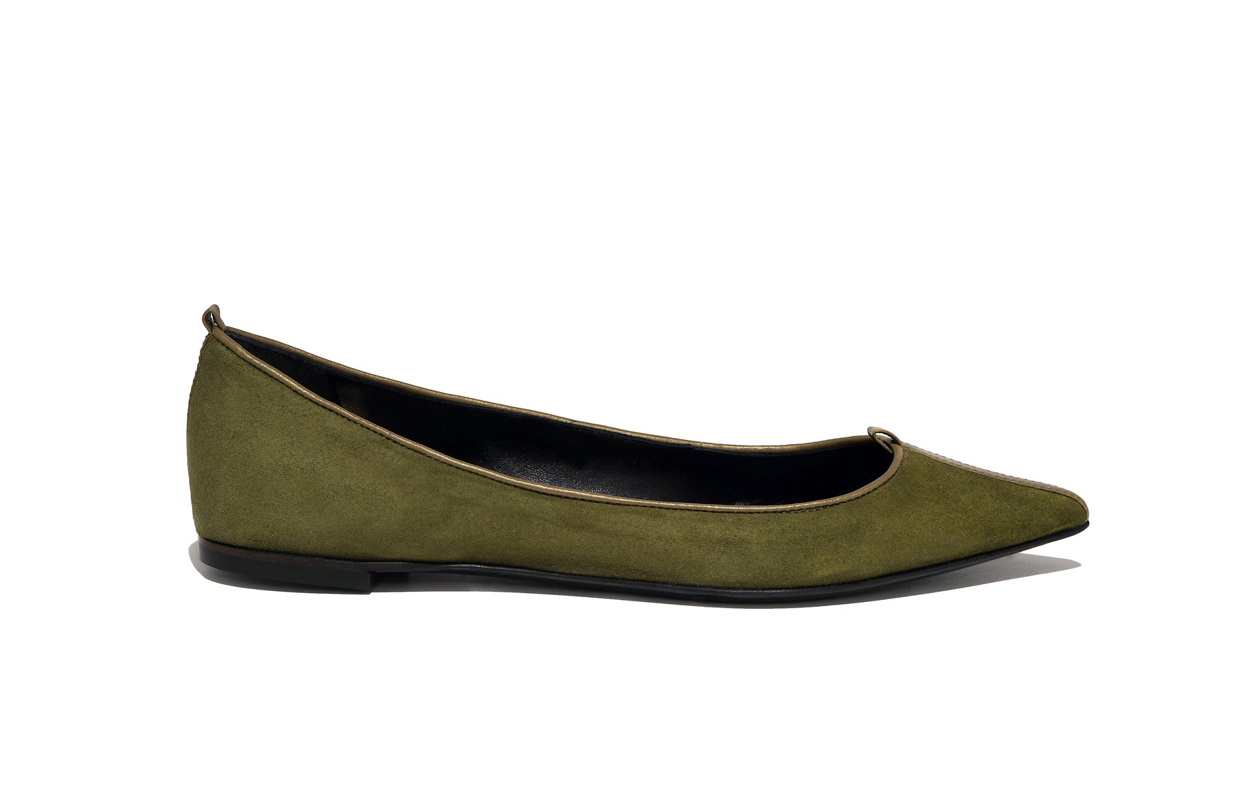 Side view of Isabella Kron Julie Flat in palude suede, showcasing slim flat profile and cushioned sole for comfort