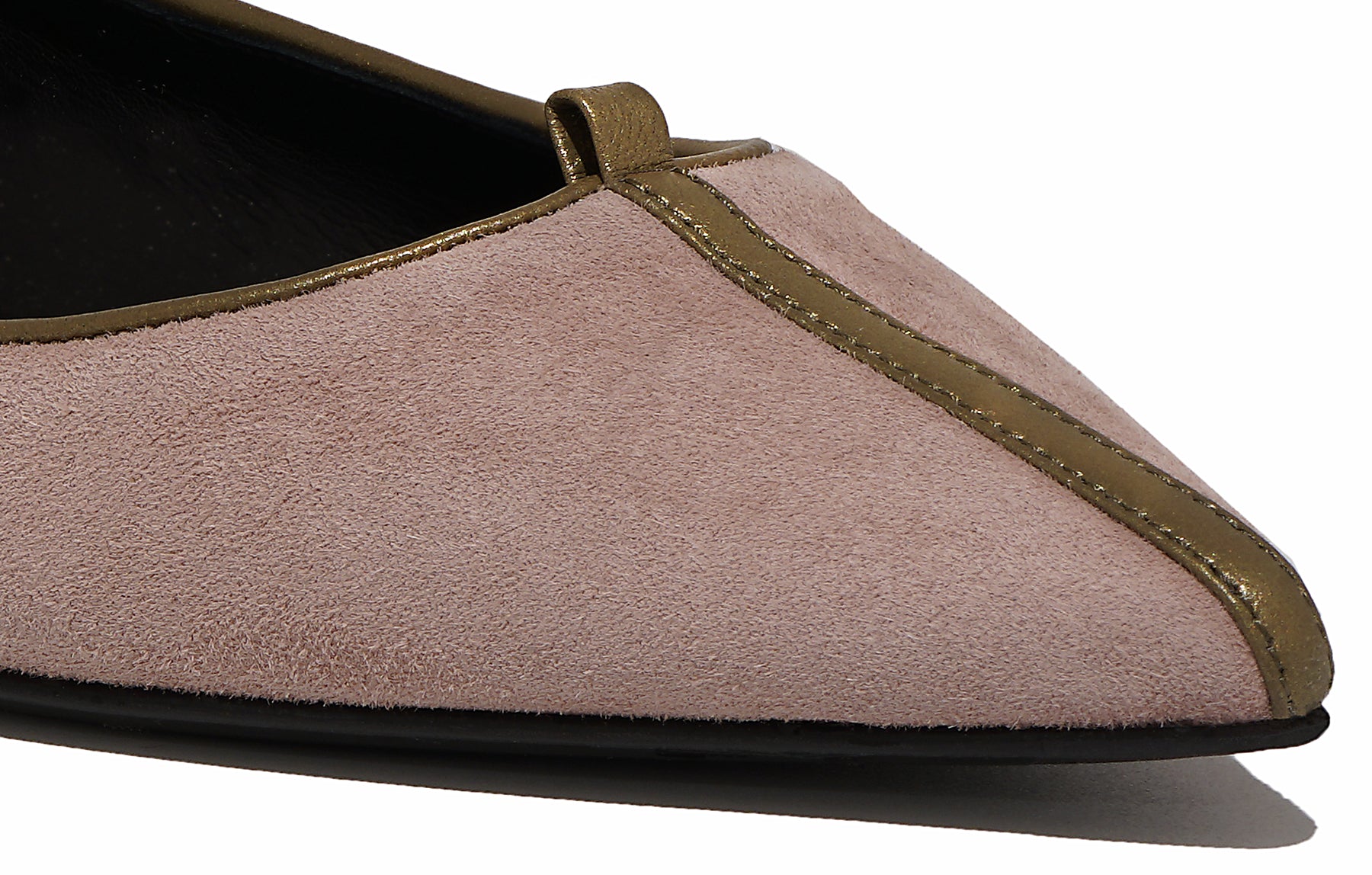 Angled view of Isabella Kron Julie Flat in dusty rose suede, showing toe, elegant silhouette, and soft feminine tone