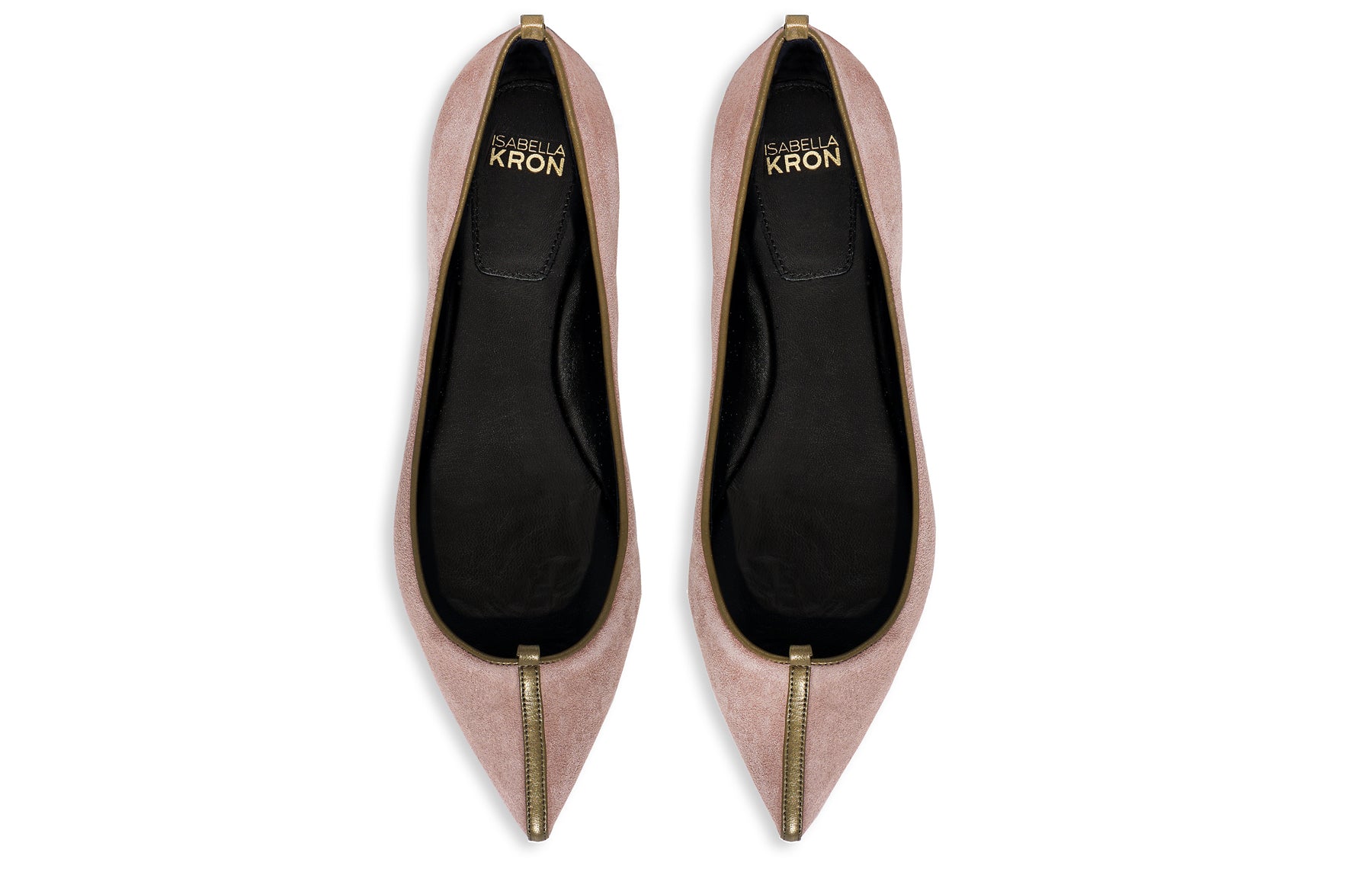 “Close-up of dusty rose suede grain, stitched trim, and branded cushioned insole on Isabella Kron Julie Flat