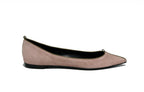 Side view of Isabella Kron Julie Flat in dusty rose suede, showcasing slim flat profile, cushioned sole, and suede texture