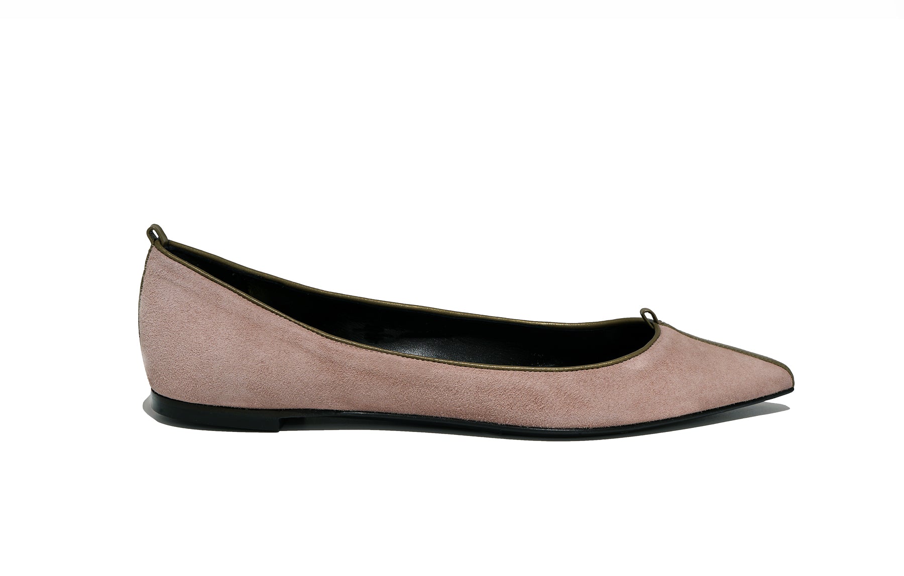 Side view of Isabella Kron Julie Flat in dusty rose suede, showcasing slim flat profile, cushioned sole, and suede texture