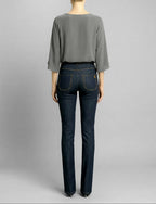 Back view of Isabella Kron K‑22 Jean in dark indigo, highlighting back pockets, yoke seam, and clean tailored finish