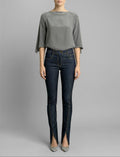 Front view of Isabella Kron K‑22 Jean in dark indigo, high-waist tailored slim fit with five-pocket styling and contrast stitching