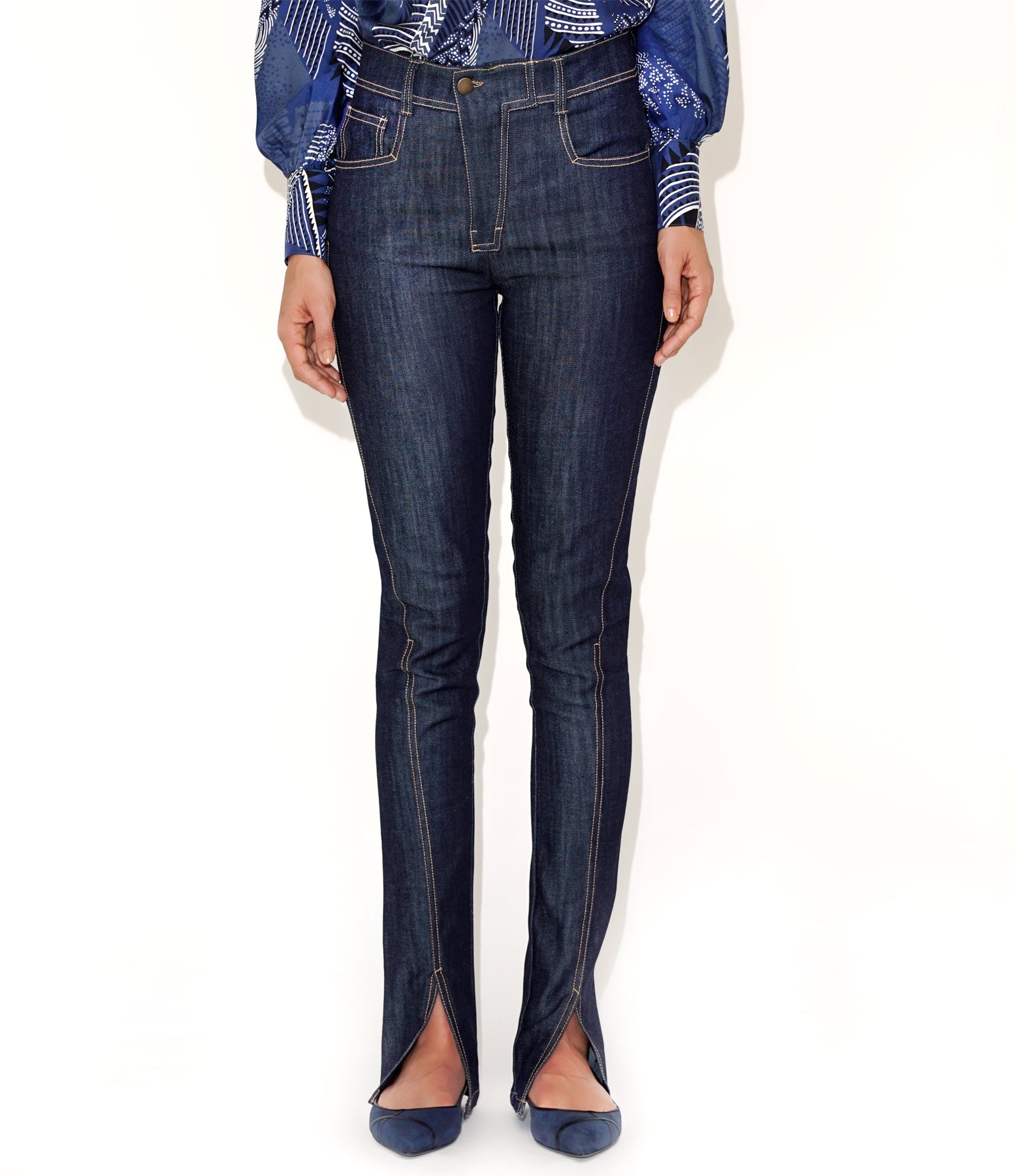 Front view of Isabella Kron K‑22 Jean in dark indigo, high-waist tailored slim fit with five-pocket styling and contrast stitching