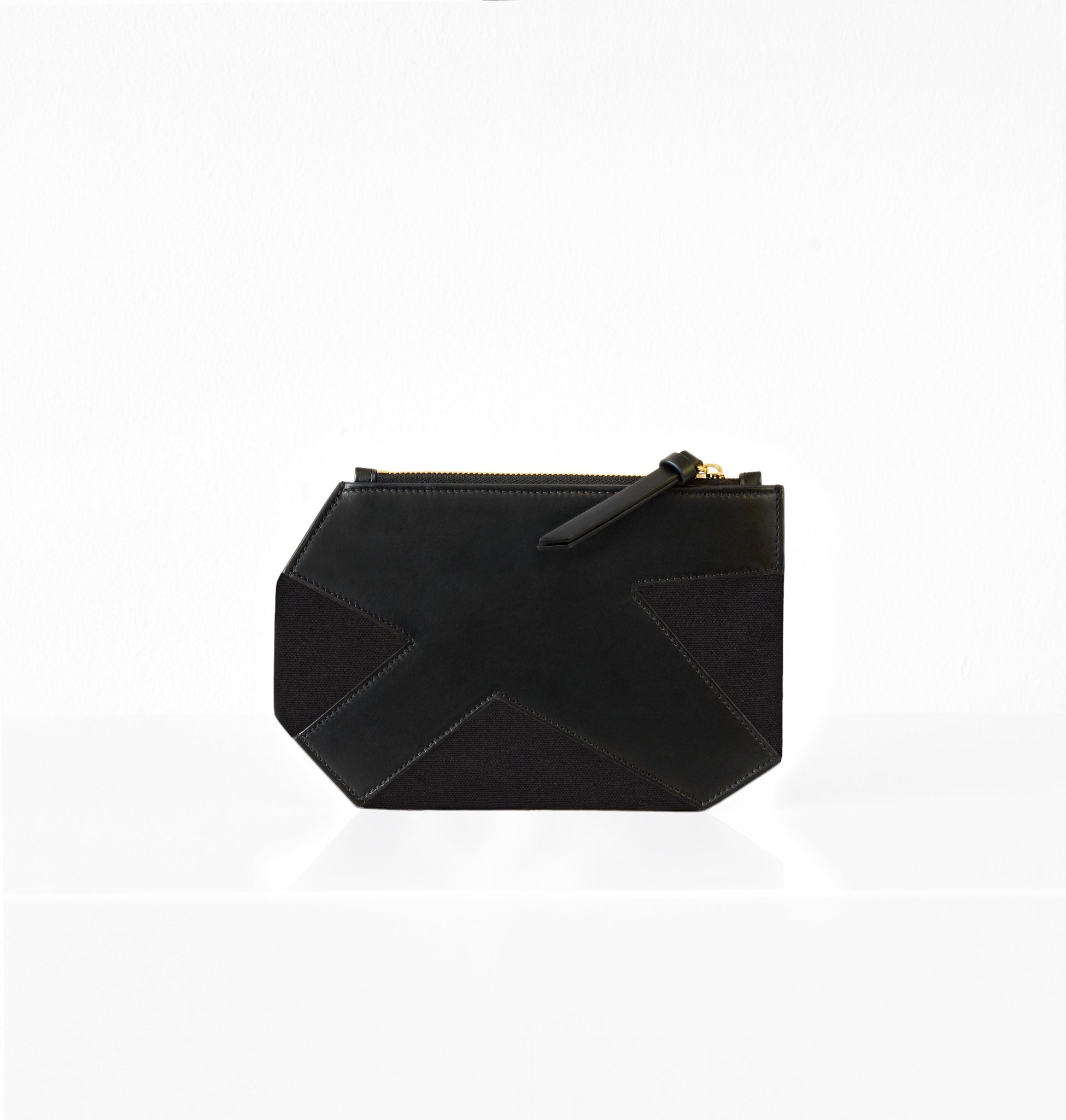 K Clutch in Black Canvas – front view of structured minimalist clutch in deep black canvas