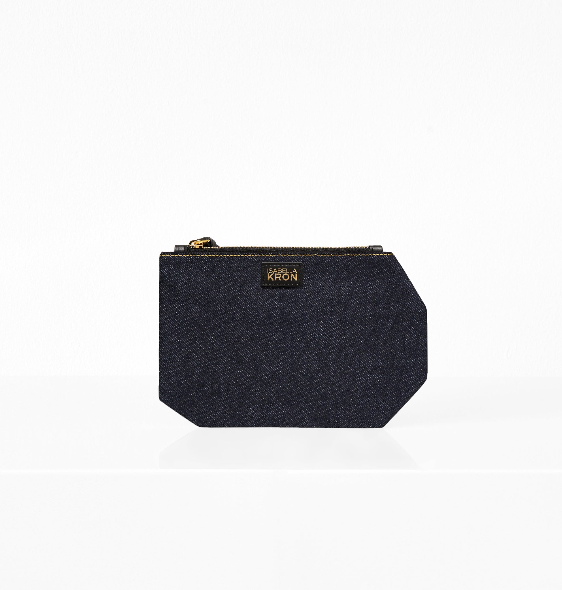 Back view of K Clutch Denim – modern denim clutch with clean lines and polished edges