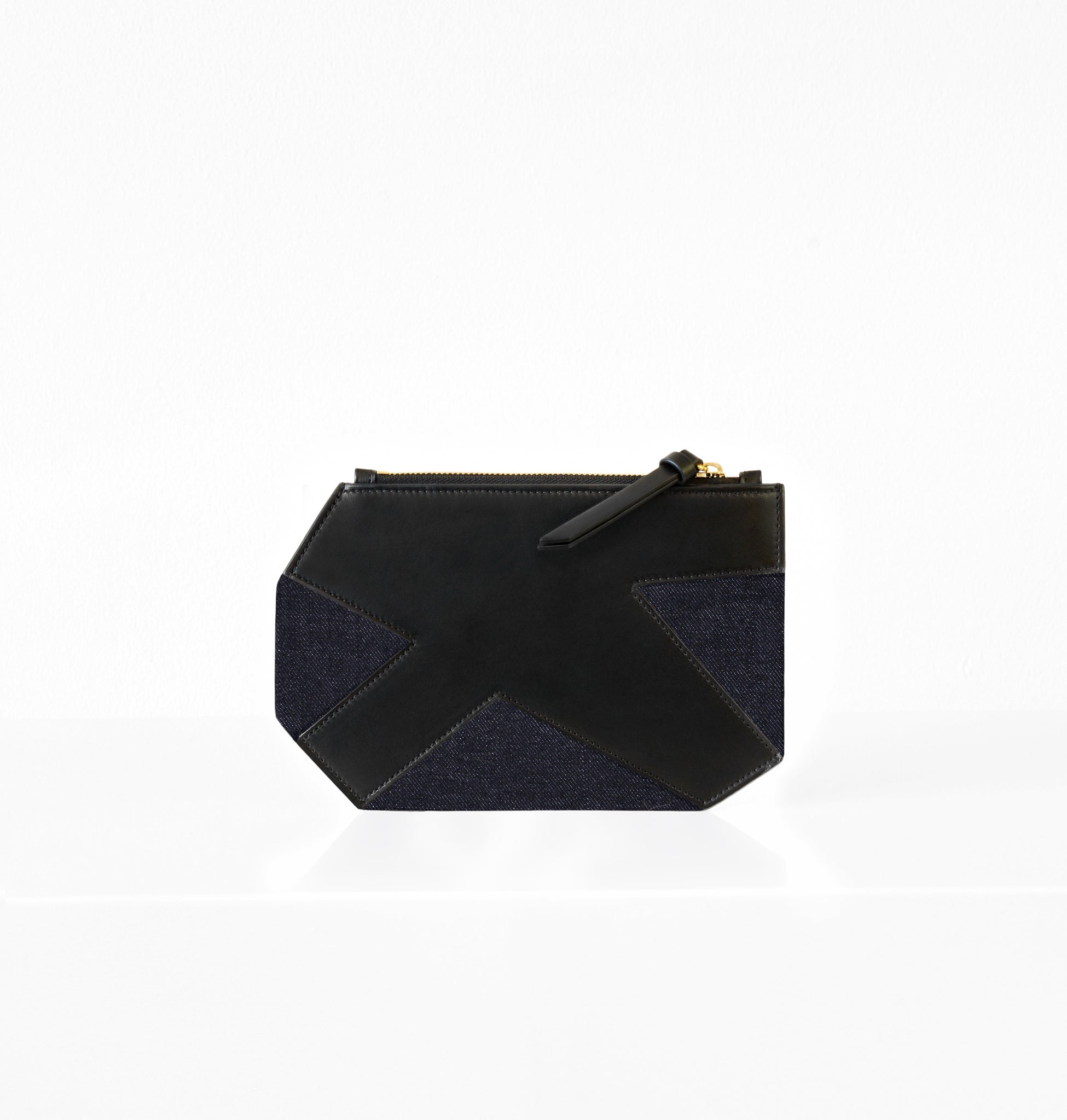 K Clutch in Denim – front view of structured Italian denim clutch with minimalist silhouette by Isabella Kron