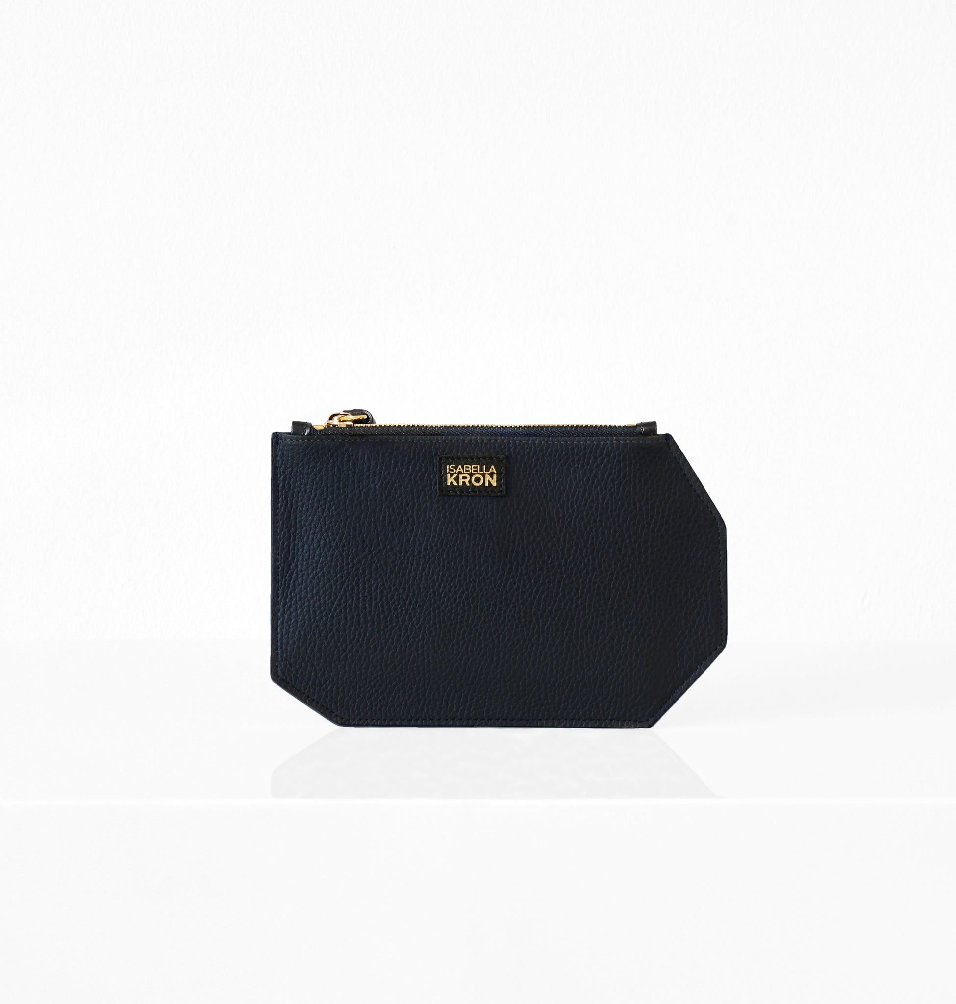 Back view of K Clutch Blue – sleek silhouette in smooth blue leather with clean edges