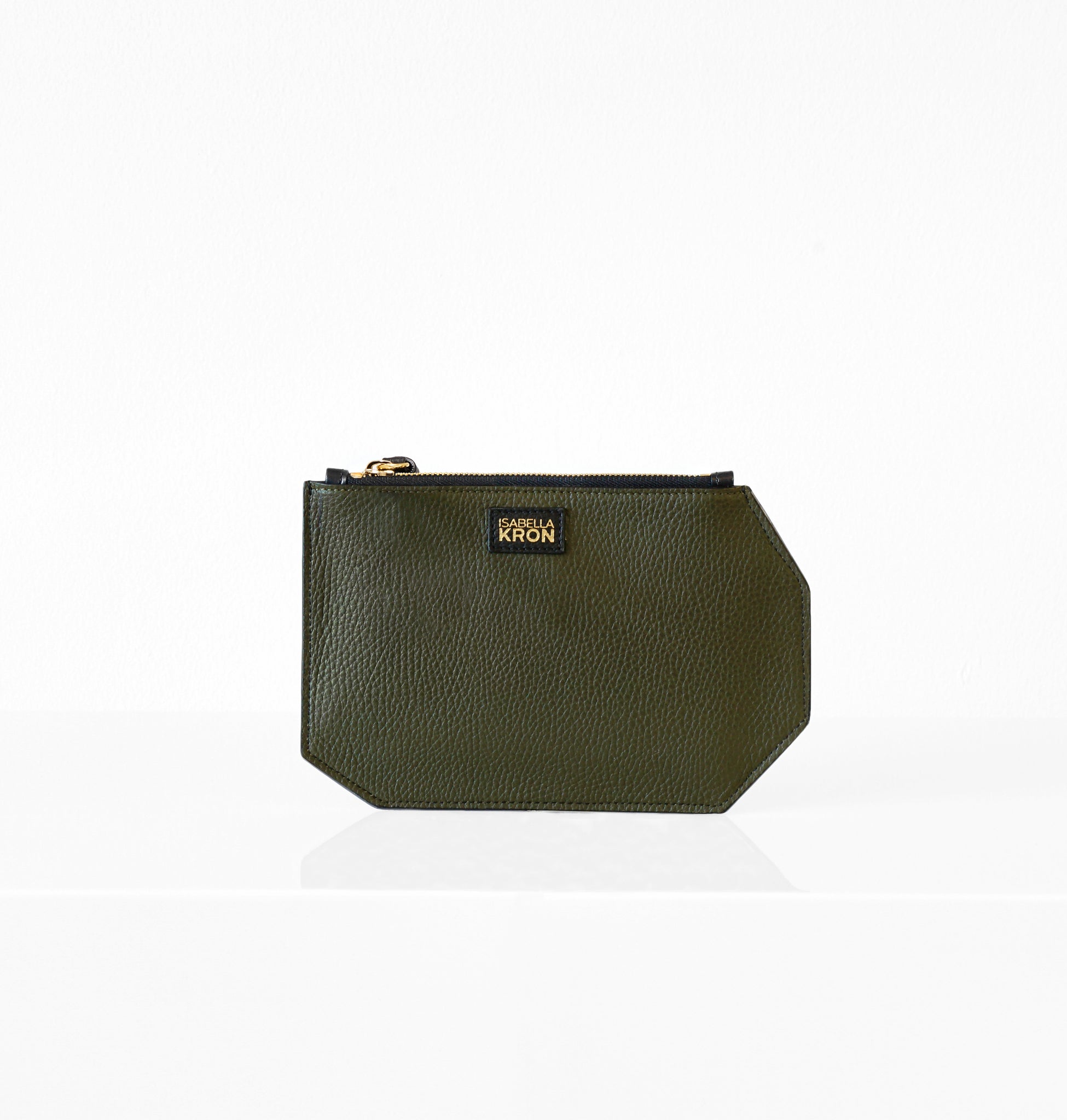 Back view of K Clutch Military – elegant olive-toned clutch with clean lines and a sculpted silhouette