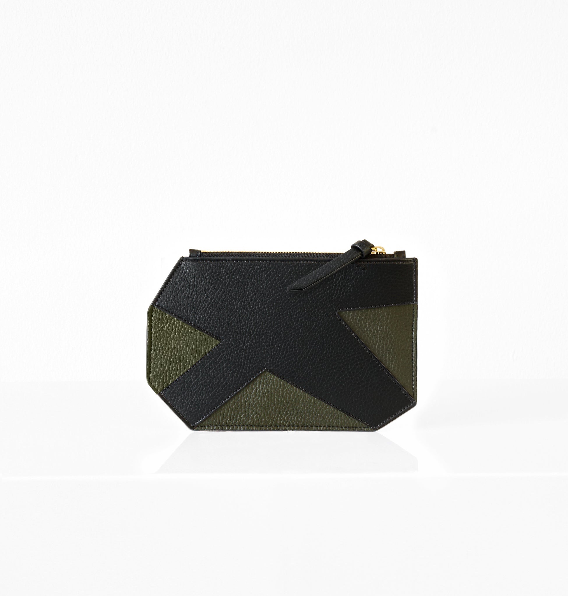 K Clutch in Military Leather – front view of sleek structured clutch in deep military green Italian leather