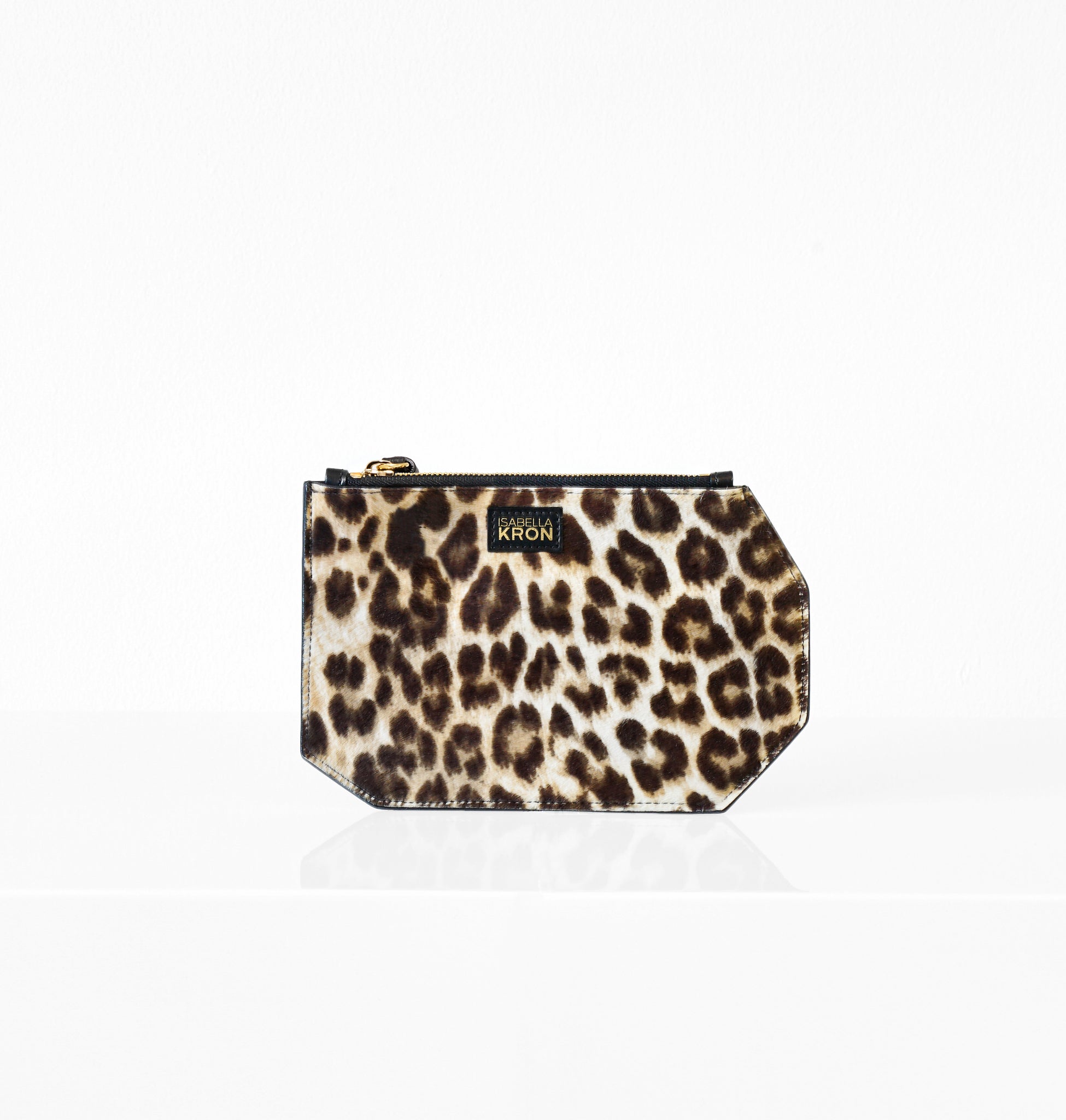 Back view of K Clutch Leopard – structured silhouette in exotic leopard-patterned haircalf