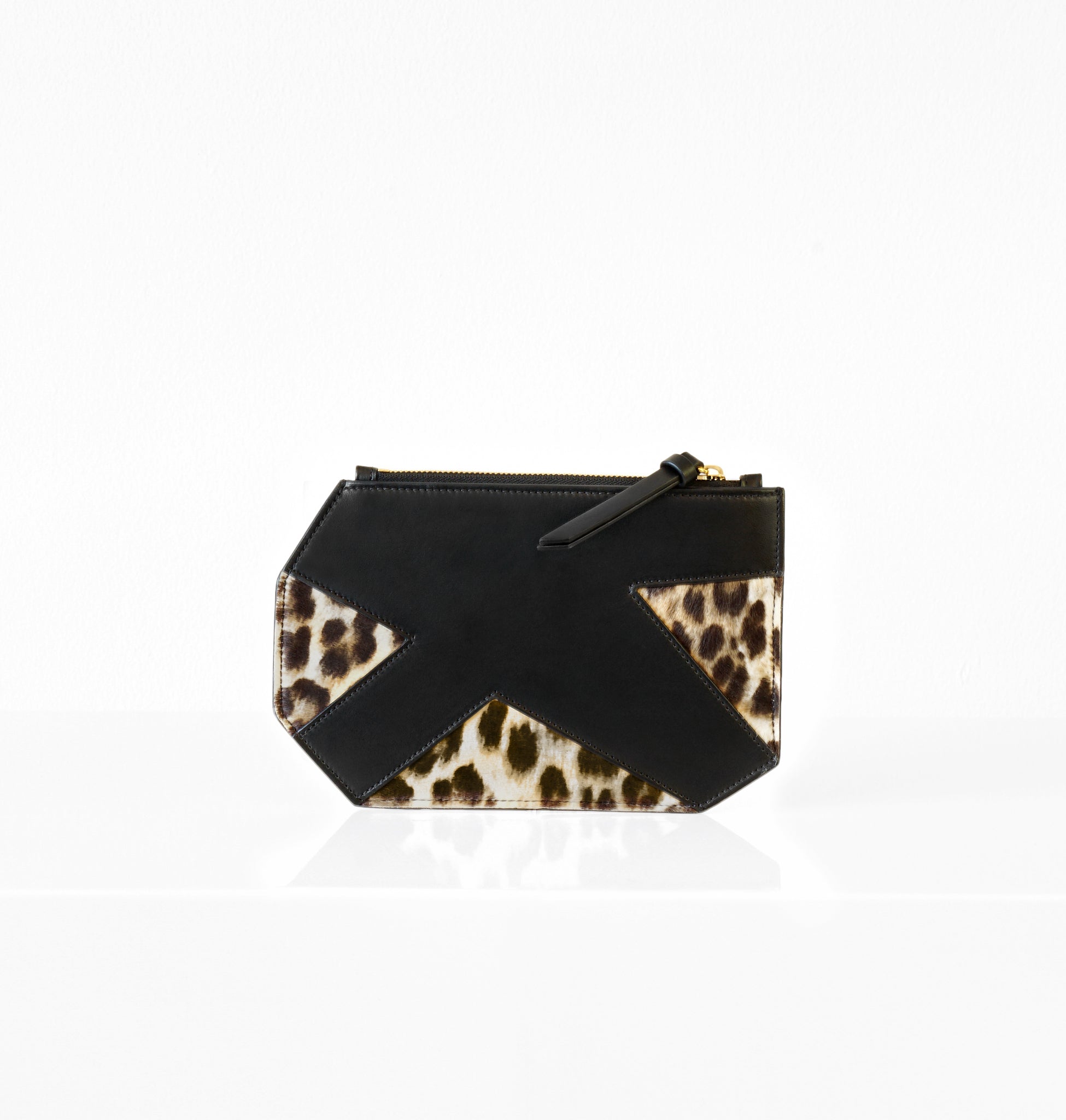K Clutch in Leopard – front view of bold haircalf leather clutch in statement leopard print by Isabella Kron