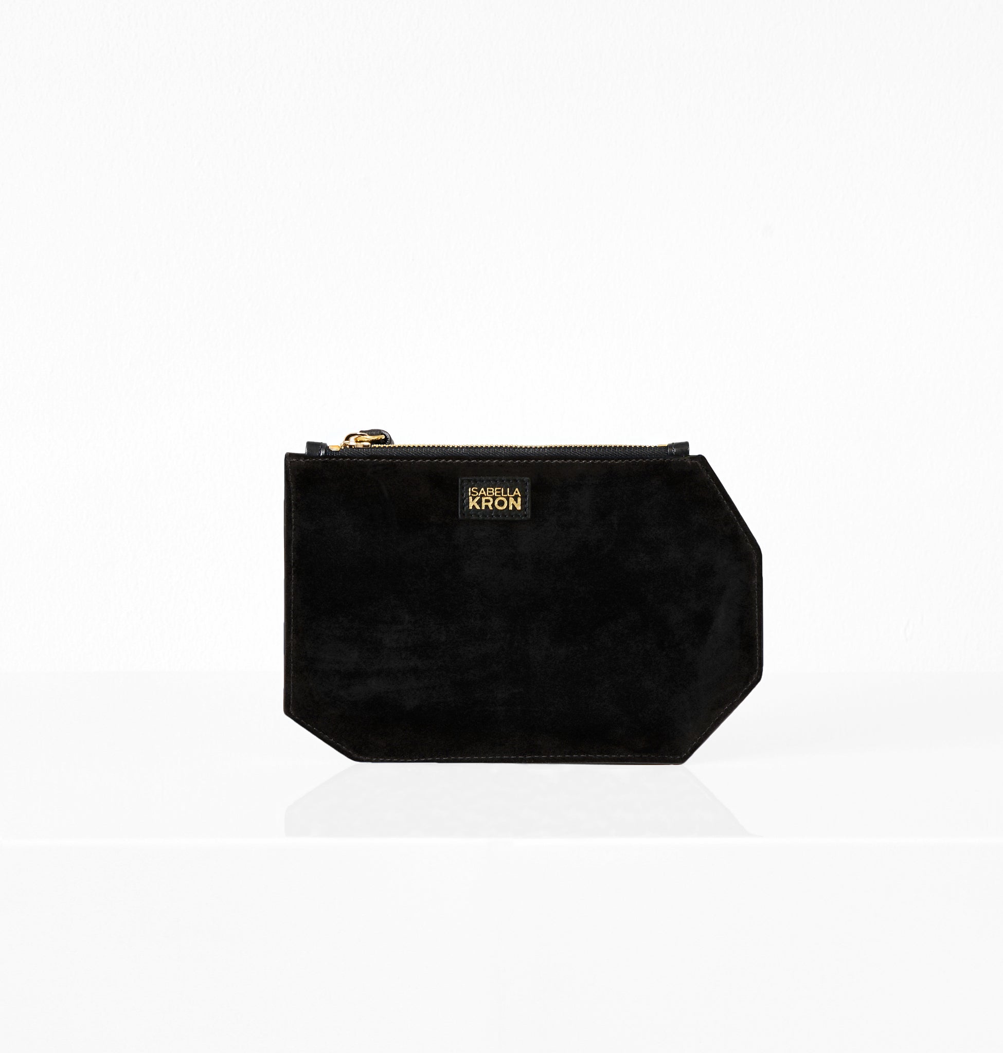 Back profile of K Clutch in Black Suede – elegant silhouette in premium suede with soft texture
