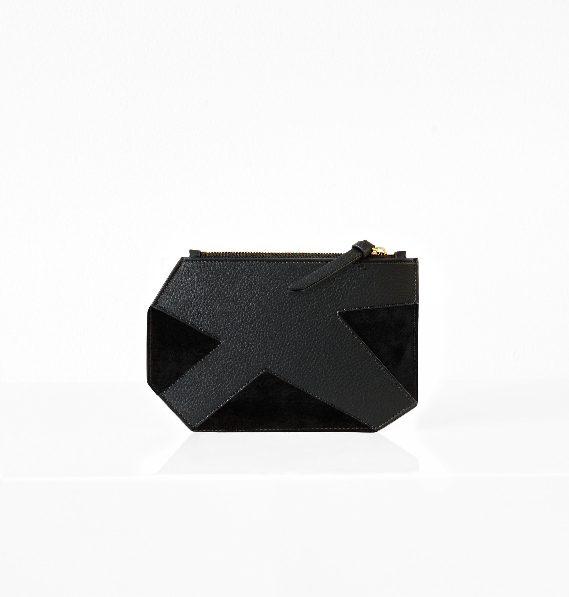 K Clutch in Black Suede – front view of luxurious suede designer clutch in classic black