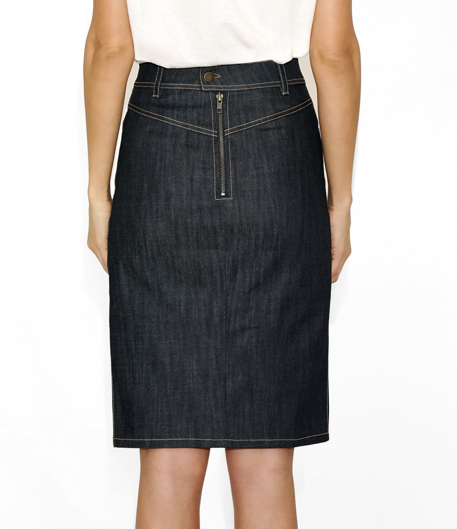 Back view of Isabella Kron Kate Skirt in denim, featuring back zipper 