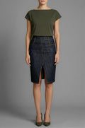 Front view of Isabella Kron Kate Skirt in denim, high-rise A-line silhouette 