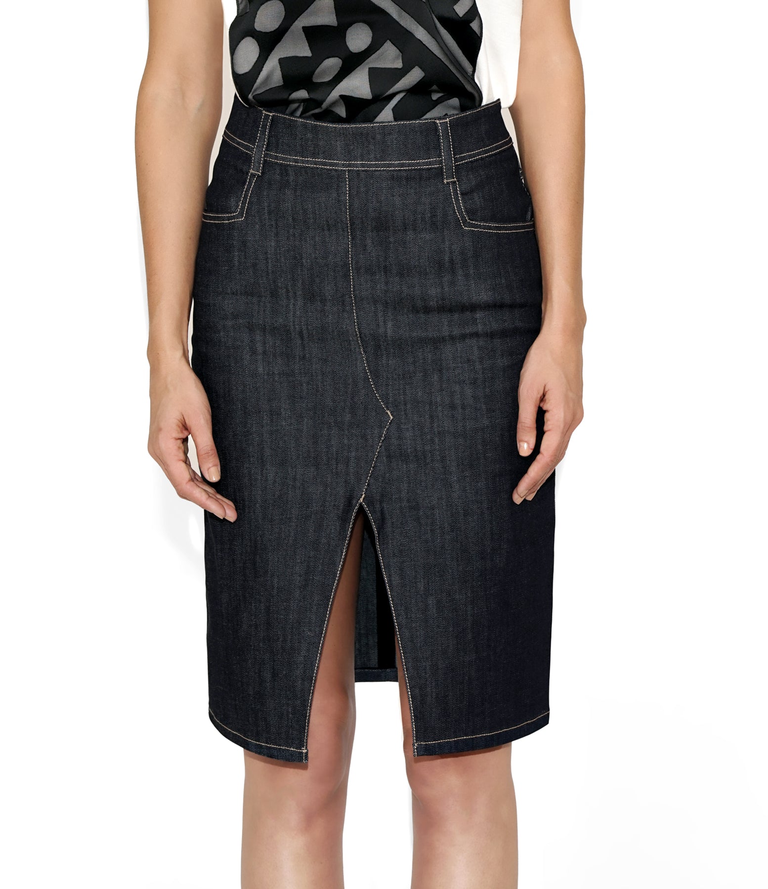 Front view of Isabella Kron Kate Skirt in denim, high-rise A-line silhouette 